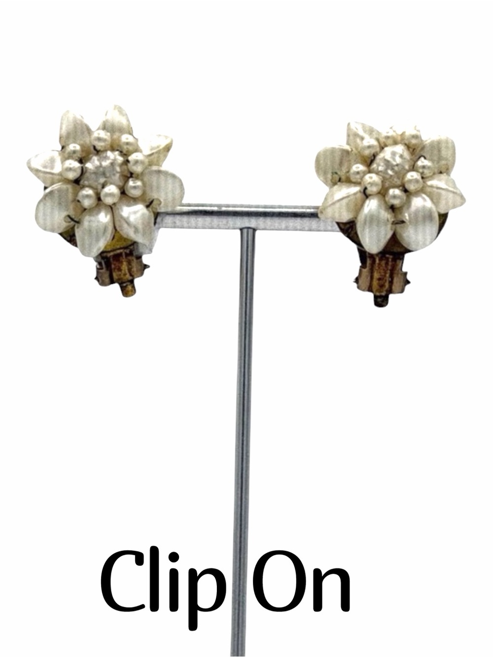 Vintage 50’s-60s HONG KONG White Lustrous Flower Lucite Clip-On Earrings Jewelry